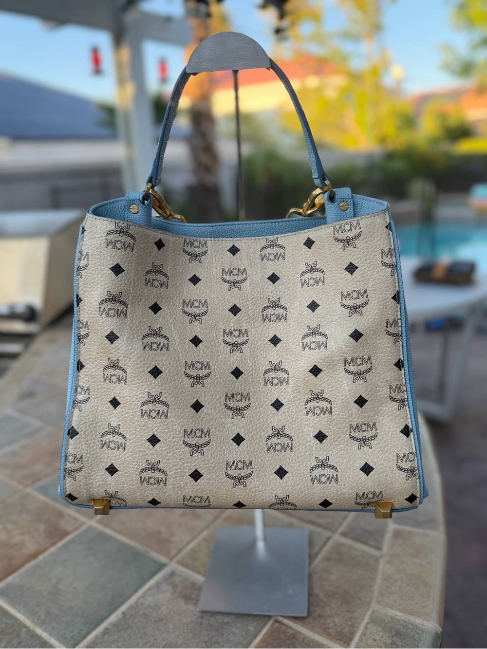 MCM Cream Visetos Tote with Light Blue Trim